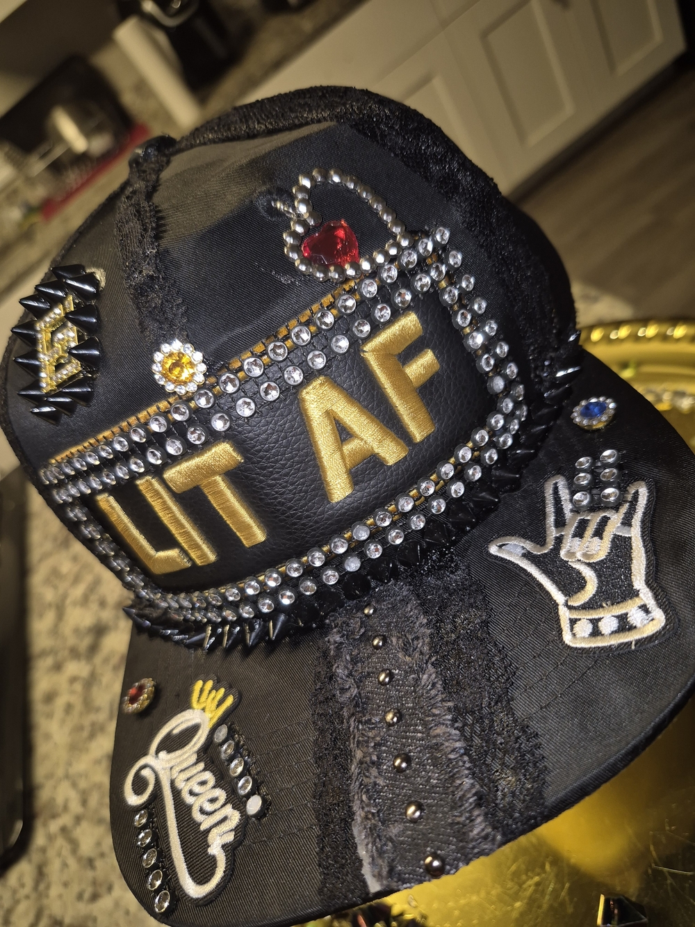 Statement Black Trucker Hat with Gold 'LIT AF' Rhinestones, Added FENDI emblem